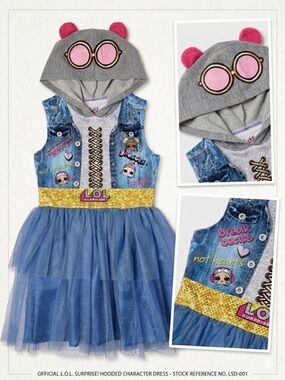 L.O.L. Surprise! Girls Hooded Cosplay Dress Blue Tulle Denim Print Size 6/6X